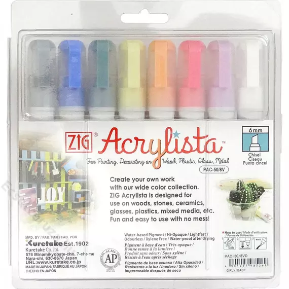 ZIG Acrylista Chisel 8 colors set Girly/Baby (PAC-50/8VD) - széles fejű marker, 8 színű szett