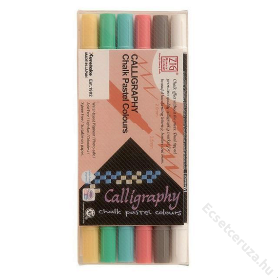 ZIG Memory System Calligraphy Chalk Pastel Colours 6 Colors Set (MS-6400-6V) - pasztell kréta hatású kettős végű ecsetceruza szett, 2/3.5mm hat színű