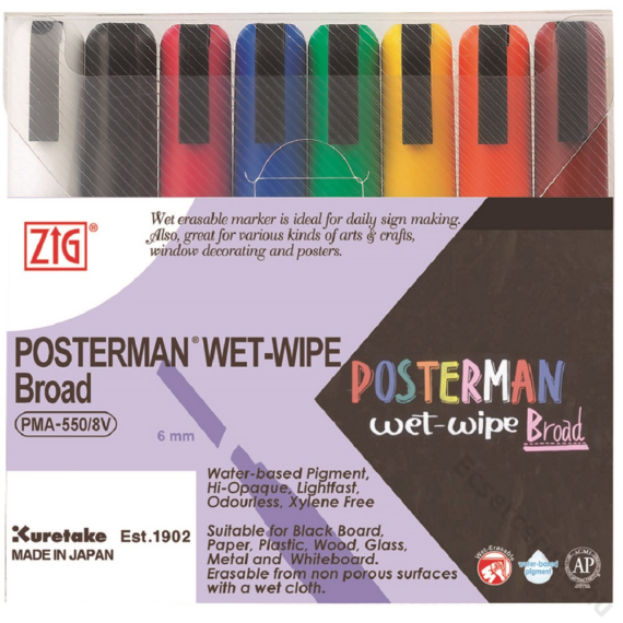 ZIG Sign Posterman Wet-Wipe Broad 8 Colors Set (PMA-550-8V) - marker, 6mm vágott nyolc színű
