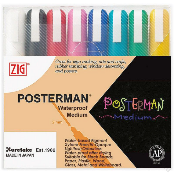 ZIG Sign Posterman Medium 8 Colors Set (PMA-30-8V) - vízálló marker szett, 2mm nyolc színű