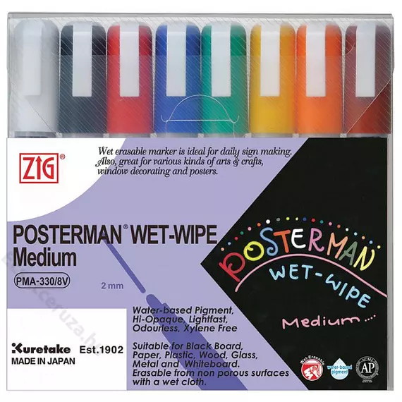 ZIG Sign Posterman Wet-Wipe Medium 8 Colors Set (PMA-330-8V) - marker szett, 2mm nyolc színű