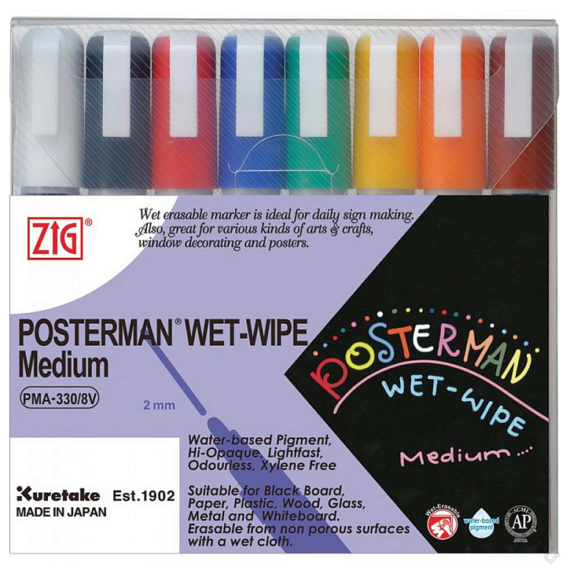 ZIG Sign Posterman Wet-Wipe Medium 8 Colors Set (PMA-330-8V) - marker szett, 2mm nyolc színű